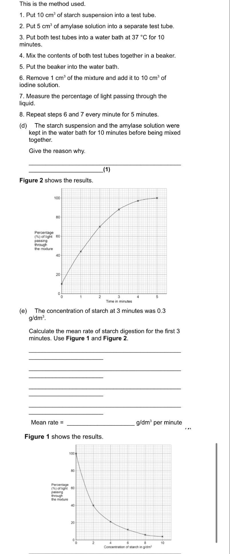 This is the method used. 
1. Put 10cm^3 of starch suspension into a test tube. 
2. Put 5cm^3 of amylase solution into a separate test tube. 
3. Put both test tubes into a water bath at 37°C for 10
minutes. 
4. Mix the contents of both test tubes together in a beaker. 
5. Put the beaker into the water bath. 
6. Remove 1cm^3 of the mixture and add it to 10cm^3 of 
iodine solution. 
7. Measure the percentage of light passing through the 
liquid. 
8. Repeat steps 6 and 7 every minute for 5 minutes. 
(d) The starch suspension and the amylase solution were 
kept in the water bath for 10 minutes before being mixed 
together. 
Give the reason why. 
_ 
_(1) 
Figure 2 shows the results.
100
80
Percentage 
(%) of light 60
pestige 
the mixture
40
20. 1 2 3 4 5
(e) The concentration of starch at 3 minutes was 0.3
g/dm^3. 
Calculate the mean rate of starch digestion for the first 3
minutes. Use Figure 1 and Figure 2. 
_ 
_ 
_ 
_ 
_ 
_ 
_ 
_ 
Mean rate = _per minute
q/ dm^3
Figure 1 shows the results.