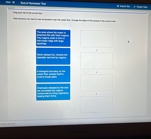 Next End of Semester Test
Submit Test Reader Tools
Drag each tile to the correct box.
Plate tectonics can lead to new ecosystems near the ocean floor. Arrange the steps of this process in the correct order.
The area where the ocean is
stretched fills with fresh magma.
The magma cools to form a
mid-ocean ridge with large
openings.
Vents release hot, mineral-rich
seawater warmed by magma.
A divergent boundary on the
ocean floor causes Earth's
crust to break apart.
Chemicals released by the vent
are converted into organic
compounds by living organisms,
helping them thrive.
il rights reserved .