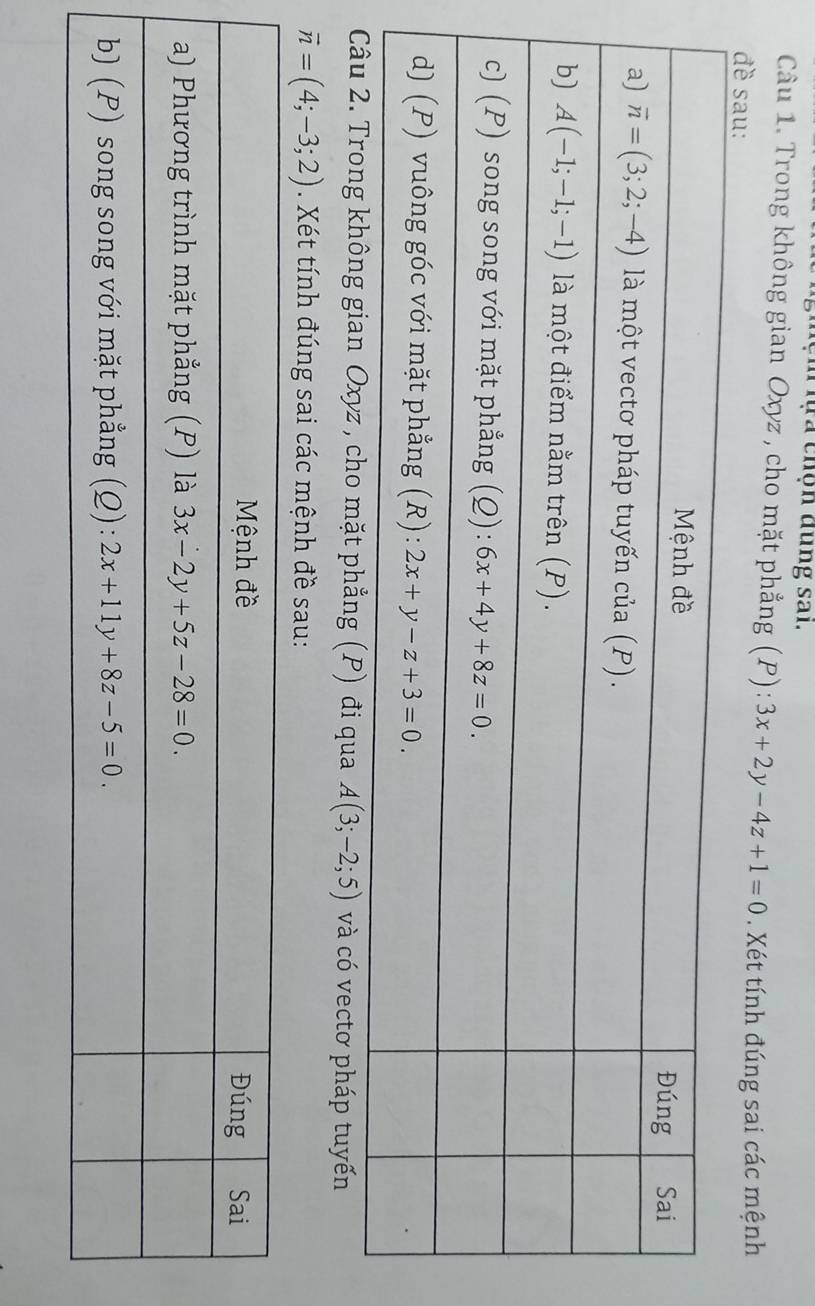 ệ h  lự a chộn dùng sai.
Câu 1. Trong không gian Oxyz , cho mặt phẳng (P): 3x+2y-4z+1=0 Xét tính đúng sai các mệnh
đề sau:
u A(3;-2;5) và có vectơ pháp tuyến
vector n=(4;-3;2). Xét tính đúng sai các mệnh đề sau: