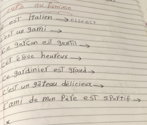 uet's qu Reminin 
l est italien 
elleest 
(esT un garmi 
ce gargon est gentil 
cet eleve heureux 
ce gardinier est grand 
cest un gateau delicieux 
I'ami de mon Pere est sportif