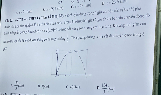 2 3 4 D. s=26,5(km)
A. s=24(km) B. s=28,5(km) C. s=27(km)
Câu 2.(KTNL GV THPT Lý Thái Tổ 2019) Một vật chuyển động trong 6 giờ với vận tốc v (km/ h) phụ
thuộc vào thời gian 1(h)có đồ thị như hình bên dưới. Trong khoảng thời gian 2 giờ từ khi bắt đầu chuyển động, đồ
thị là một phần đường Parabol có đinh I(3,9) vả có trục đối xứng song song với trục tung. Khoảng thời gian còn
lai, đồ thị vận tốc là một đường thăng có hệ số góc băng  1/4  Tinh quảng đường s mà vật di chuyển được trong 6
giờ?
A.  130/3 (km) B. 9(km) C. 40(km) D.  134/3 (km). 
Cân 2 TUPT