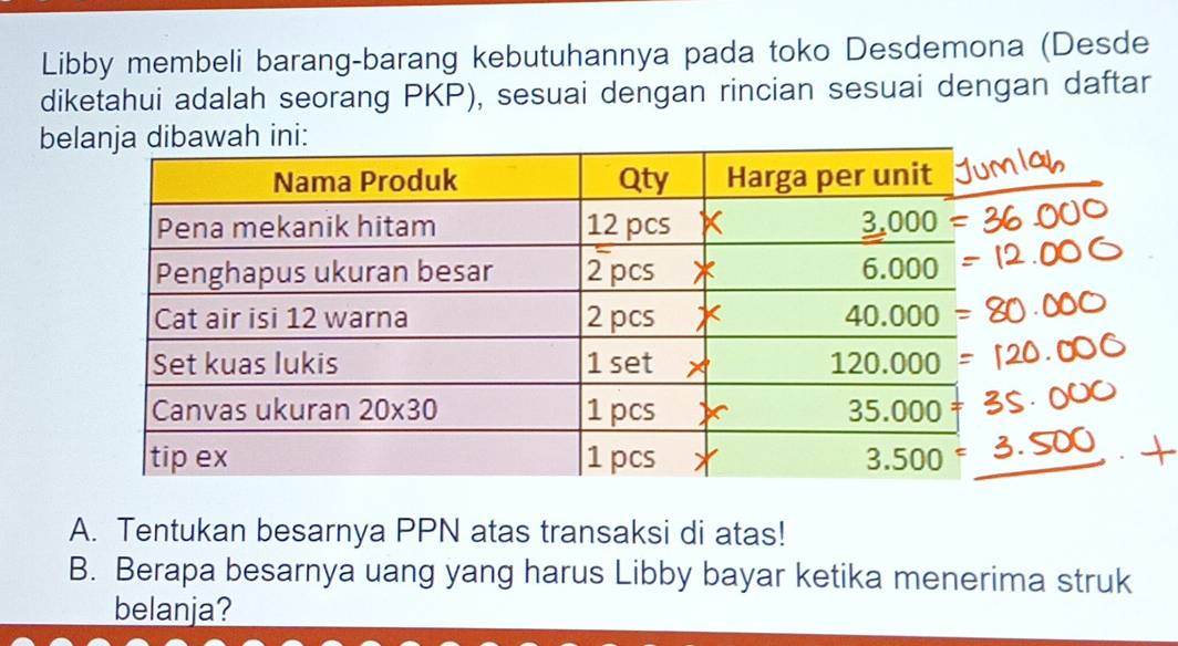 Libby membeli barang-barang kebutuhannya pada toko Desdemona (Desde
diketahui adalah seorang PKP), sesuai dengan rincian sesuai dengan daftar
be
A. Tentukan besarnya PPN atas transaksi di atas!
B. Berapa besarnya uang yang harus Libby bayar ketika menerima struk
belanja?