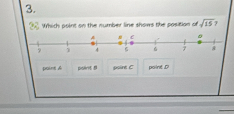 Which point on the number line shows the position of sqrt(15) 7
point A point B poirè C point D