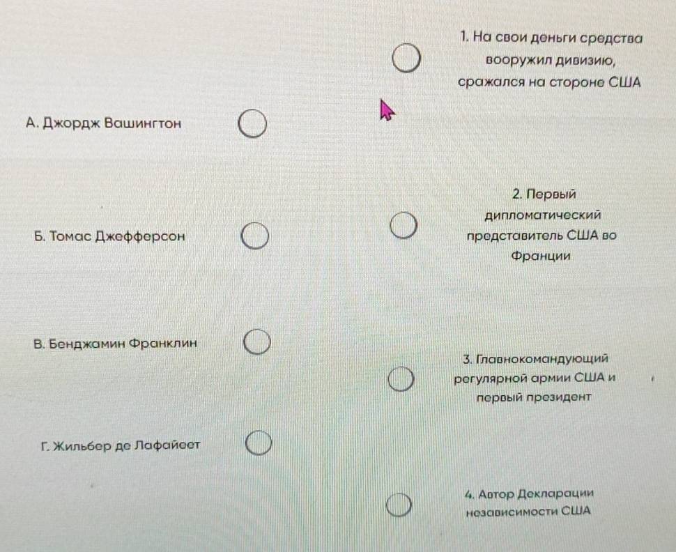 На свои деньги средства
вооружил дивизиюо,
сражался на стороне США
Α. Джордж Βашингτон
2. Πервый
Дипломαтический
6. Τомас Джеφφерсон предстαвитель СШΑ во
Φранции
В. Бенджамин Φранклин
3. Γлавнокомαндуюοший
регулярной αрмии СШΑ и
лервый πрезидент
Γ Χильбер де Лаφαйееτ
4. Авτор деκлαрαции
незаисимости СШA