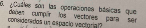 ¿Cuáles son las operaciones básicas que 
deben cumplir los vectores para ser 
considerados un espacio vectorial?