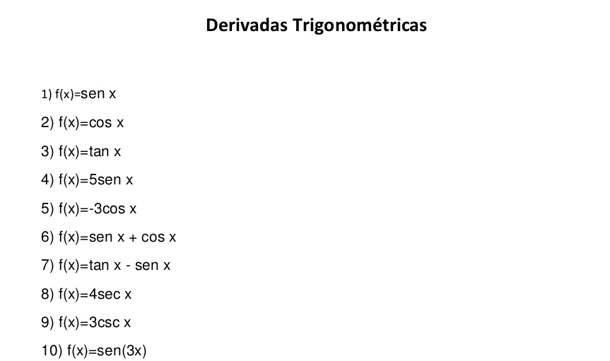 Resuelto:Derivadas Trigonométricas 1) f(x)=senx 2) f(x)=cos x 3) f(x ...