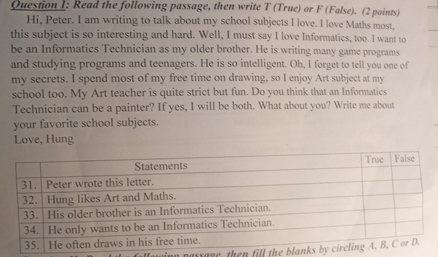 Read the following passage, then write T (True) or F (False). (2 points) 
Hi, Peter. I am writing to talk about my school subjects I love. I love Maths most, 
this subject is so interesting and hard. Well, I must say I love Informatics, too. I want to 
be an Informatics Technician as my older brother. He is writing many game programs 
and studying programs and teenagers. He is so intelligent. Oh, I forget to tell you one of 
my secrets. I spend most of my free time on drawing, so I enjoy Art subject at my 
school too. My Art teacher is quite strict but fun. Do you think that an Informatics 
Technician can be a painter? If yes, I will be both. What about you? Write me about 
your favorite school subjects. 
Love, Hung 
passage, then fill the bl