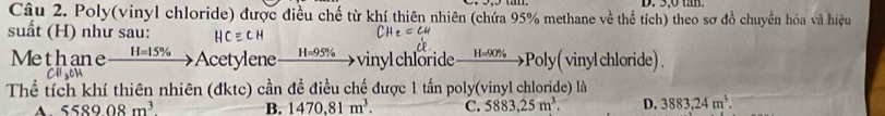 3,0 tan
Câu 2. Poly(vinyl chloride) được điều chế từ khí thiên nhiên (chứa 95% methane về thể tích) theo sơ đồ chuyền hóa và hiệu
suất (H) như sau:
Methane xrightarrow H=15%  Acetylene xrightarrow H=95%  vinyl chloride xrightarrow H=90%  Poly( vinyl chloride) .
CH2OM
Thể tích khí thiên nhiên (đktc) cần đề điều chế được 1 tấn poly(vinyl chloride) là
558908m^3 B. 1470,81m^3. C. 5883,25m^3. D. 3883, 24m^3.