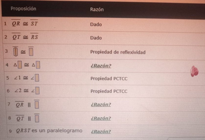 Proposición Razón 
1 overline QR≌ overline ST
Dado 
2 overline QT≌ overline RS
Dado 
3 overline □ ≌ overline □  Propiedad de reflexividad 
4 △ □ ≌ △ □ ¿Razón? 
5 ∠ 1≌ ∠ □
Propiedad PCTCC 
6 ∠ 2≌ ∠ □ Propiedad PCTCC 
7 overline QRparallel overline □  ¿Razón? 
8 overline QT | overline □  ¿Razón? 
9 QRST es un paralelogramo ¿Razón?