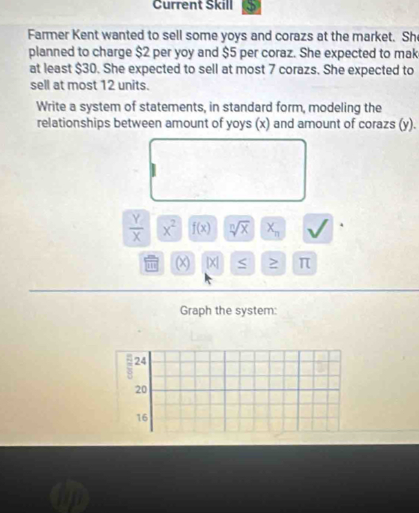 Current Skill 
Farmer Kent wanted to sell some yoys and corazs at the market. She 
planned to charge $2 per yoy and $5 per coraz. She expected to mak 
at least $30. She expected to sell at most 7 corazs. She expected to 
sell at most 12 units. 
Write a system of statements, in standard form, modeling the 
relationships between amount of yoys (x) and amount of corazs (y).
 Y/X  x^2 f(x) sqrt[n](x) X_n √ 
(x) x > π
Graph the system:
2 24
20
16