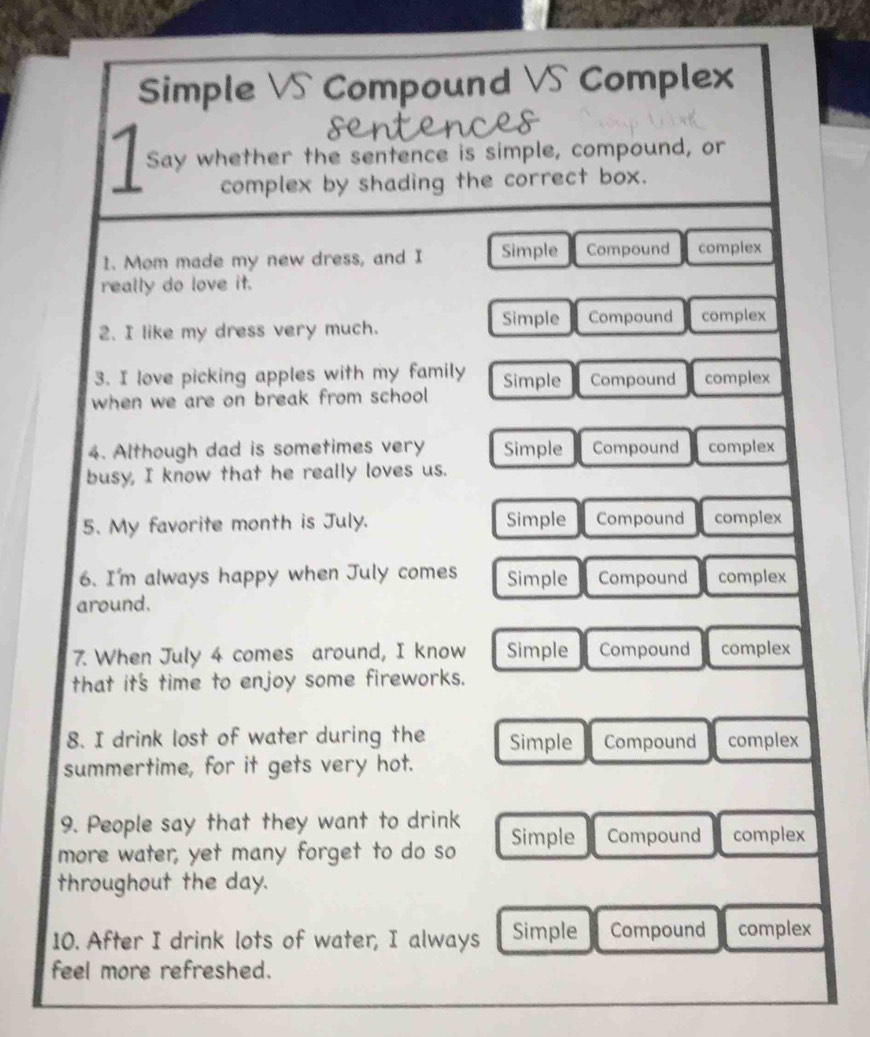 Solved: Simple V Compound VS Complex Say whether the sentence is simple ...