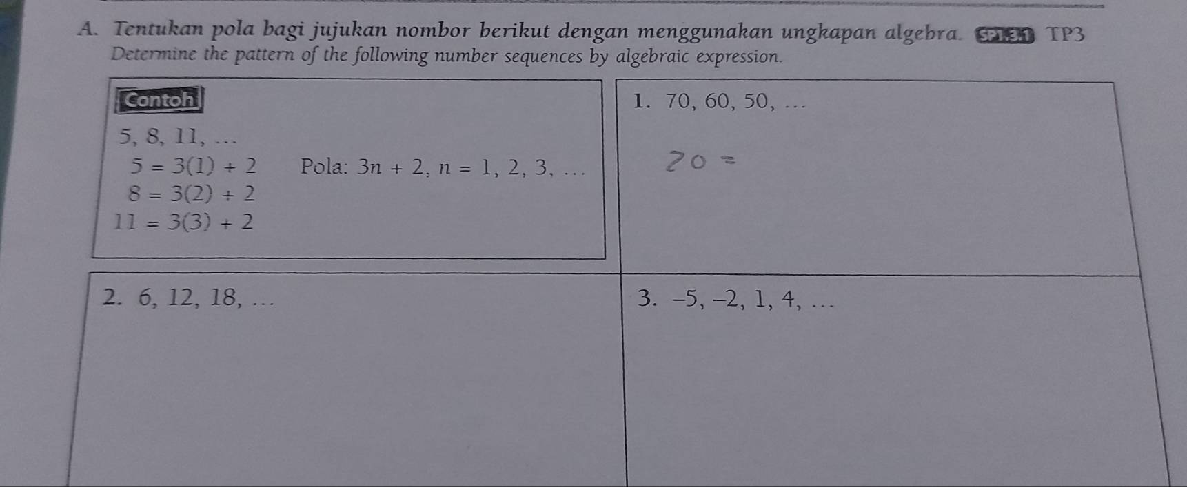 Tentukan pola bagi jujukan nombor berikut dengan menggunakan ungkapan algebra. SP131 TP3
Determine the pattern