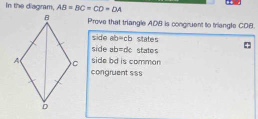 Solved: In the diagram, AB=BC=CD=DA Prove that triangle ADB is ...