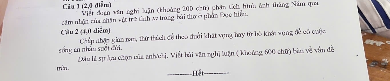 (2,0 điễm) 
Viết đoạn văn nghị luận (khoảng 200 chữ) phân tích hình ảnh tháng Năm qua 
cảm nhận của nhân vật trữ tình ta trong bài thơ ở phần Đọc hiểu. 
Câu 2 (4,0 điểm) 
Chấp nhận gian nan, thử thách để theo đuổi khát vọng hay từ bỏ khát vọng để có cuộc 
sống an nhàn suốt đời. 
Đâu là sự lựa chọn của anh/chị. Viết bài văn nghị luận ( khoảng 600 chữ) bàn về vấn đề 
trên. 
_Hết_