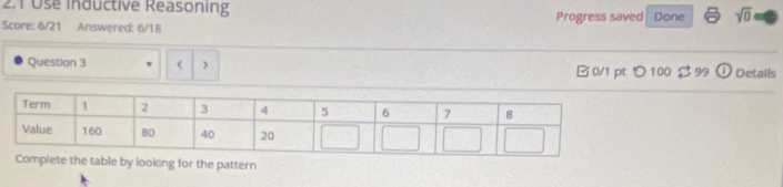 2.1 Use inductive Reasoning 
Score: 6/21 Answered: 6/18 Progress saved Done sqrt(0) 
Question 3 < > □0/1 pt つ 100 $ 99 Details 
for the pattern