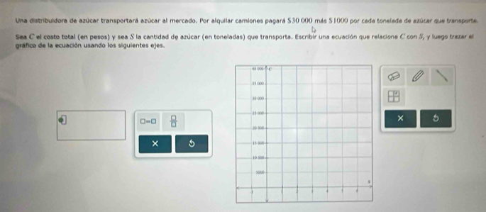 Una distribuidora de azúcar transportará azúcar al mercado. Por alquilar camiones pagará $30 000 más $1000 por cada tonelada de azúcar que transporte. 
Sea C el costo total (en pesos) y sea S la cantidad de azúcar (en toneladas) que transporta. Escribir una ecuación que relacione C con S, y luego trazar el 
gráfico de la ecuación usando los siguientes ejes.
1°
□ =□  □ /□  
× 
×