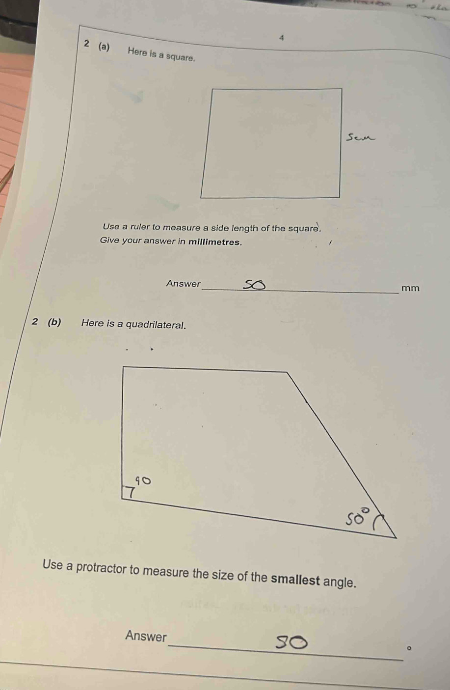 Solved: 4 2 (a) Here is a square. Use a ruler to measure a side length ...