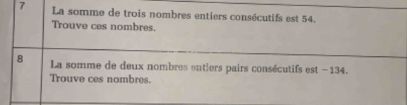 La somme de trois nombres entiers consécutifs est 54. 
Trouve ces nombres. 
8 La somme de deux nombres entiers pairs consécutifs est −134. 
Trouve ces nombres.