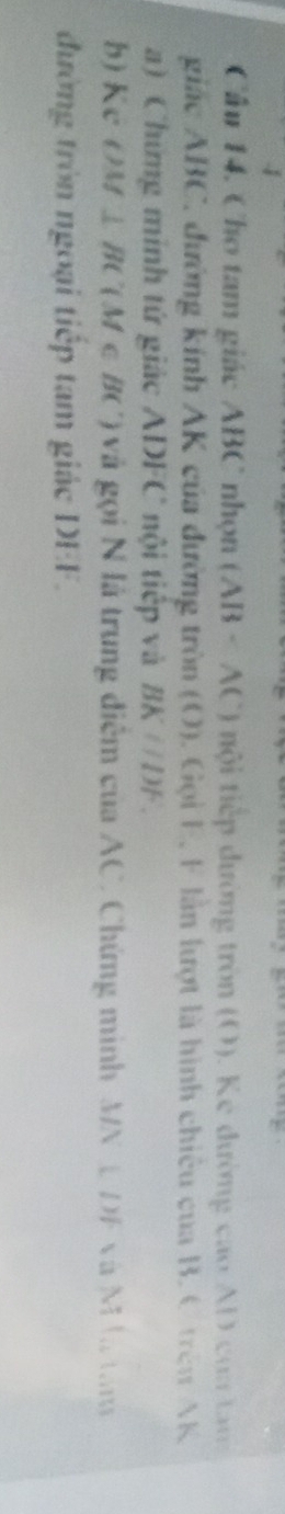 Cho tam giác ABC nhọn (AB-AC) tội tiếp đường tròn (O). Ke đường cao AD con ta 
giác ABC, đường kinh AK của đường tròn (()). Gọi E. F lần lượt là hình chiếu của B. C trên AK
a) Chứng minh tứ giác ADFC nội tiếp và / 12^-= /DF. 
b) Ke OM⊥ BC(M∈ BC) ) và gọi N là trung điễm của AC. Chứng minh MNL DF và M là tang 
đường tròn ngoại tiếp tam giác DEF.