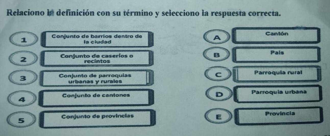 Relaciono la definición con su término y selecciono la respuesta correcta.
1 Conjunto de barrios dentro de
A
Cantón
la ciudad
Conjunto de caseríos o B
País
2
recintos
Parroquia rural
3
Conjunto de parroquias
C
urbanas y rurales
Conjunto de cantones D Parroquia urbana
4
5
Conjunto de provincias E Provincia