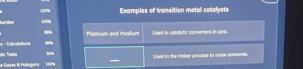 100% Examples of transition metal catalysts 
Number 100%
88% Platinum and rhodium Used in catalytic converters in cars. 
s - Calculations 89%
dic Table 90%
Used in the Haber process to make ammonia. 
e Gases & Halogens 100%