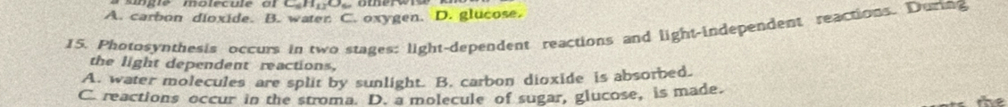 A. carbon dioxide. B. water C. oxygen. D. glucose,
15. Photosynthesis occurs in two stages: light-dependent reactions and light-independent reactions. During
the light dependent reactions.
A. water molecules are split by sunlight. B. carbon dioxide is absorbed.
C. reactions occur in the stroma. D. a molecule of sugar, glucose, is made. the