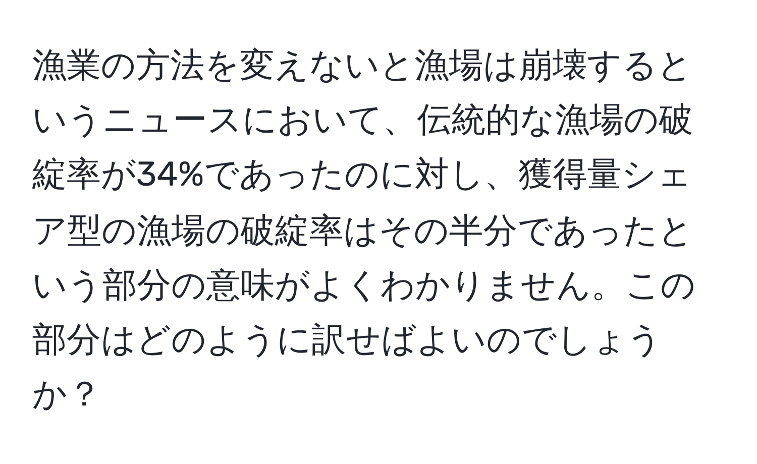 漁業の方法を変えないと漁場は崩壊するというニュースにおいて、伝統的な漁場の破綻率が34%であったのに対し、獲得量シェア型の漁場の破綻率はその半分であったという部分の意味がよくわかりません。この部分はどのように訳せばよいのでしょうか？