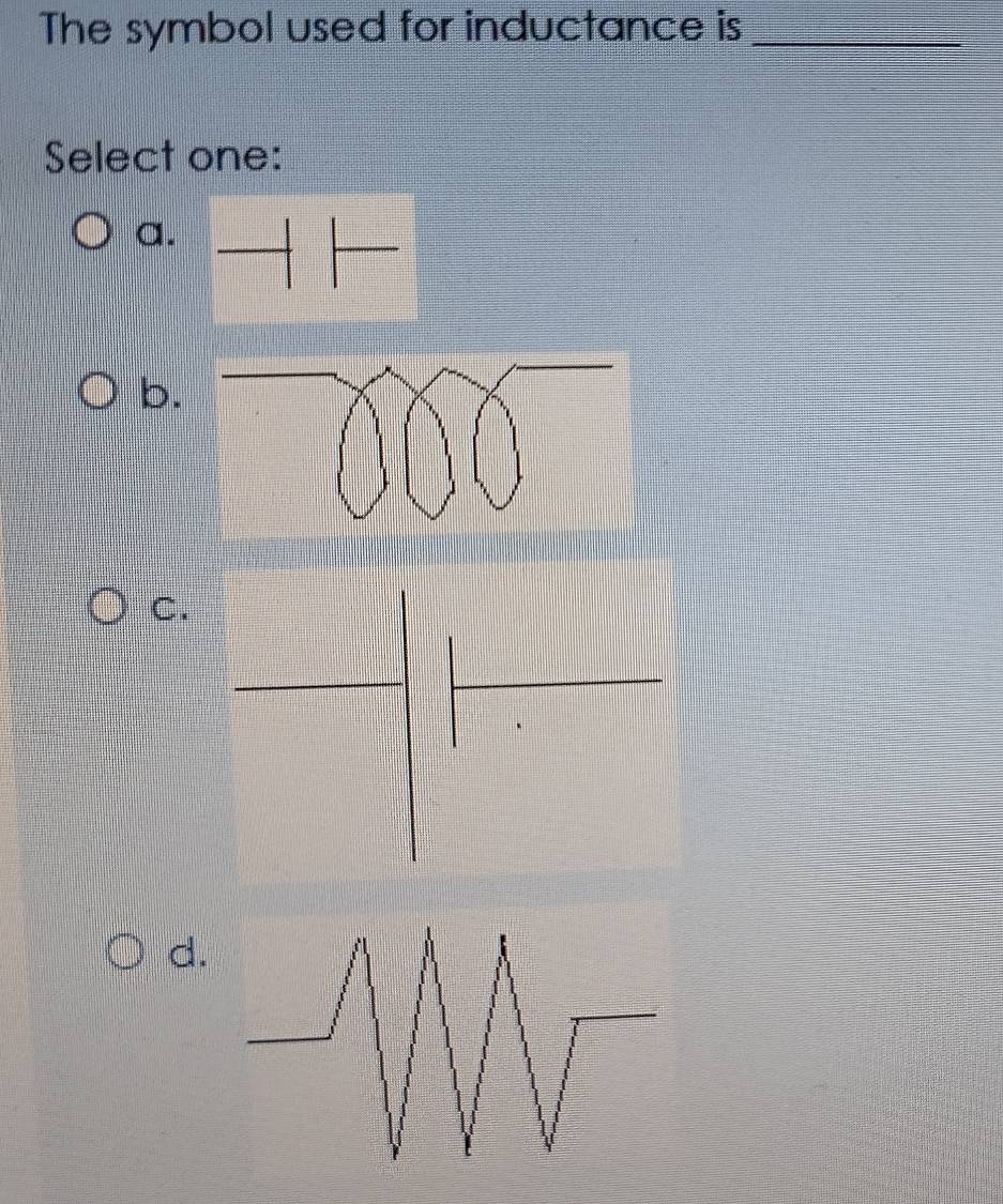 Solved: The symbol used for inductance is_ Select one: a. b. C. d ...