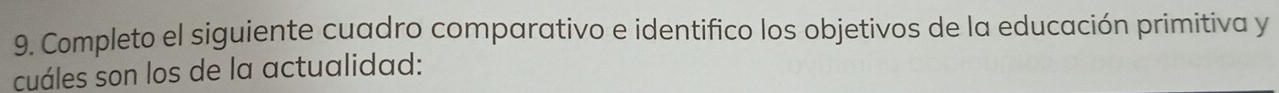 Completo el siguiente cuadro comparativo e identifico los objetivos de la educación primitiva y 
cuáles son los de la actualidad: