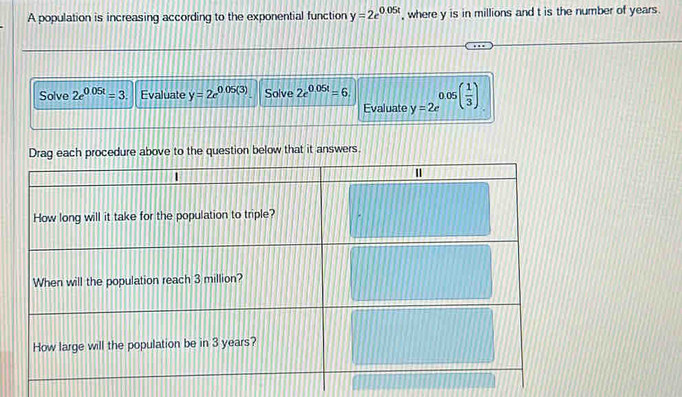 A population is increasing according to the exponential function y=2e^(0.05t) , where y is in millions and t is the number of years. 
Solve 2e^(0.05t)=3 Evaluate y=2e^(0.05(3)) Solve 2e^(0.05t)=6. y=2e^(0.05(frac 1)3)
Evaluate 
Drag each procedure above to the question below that it answers.