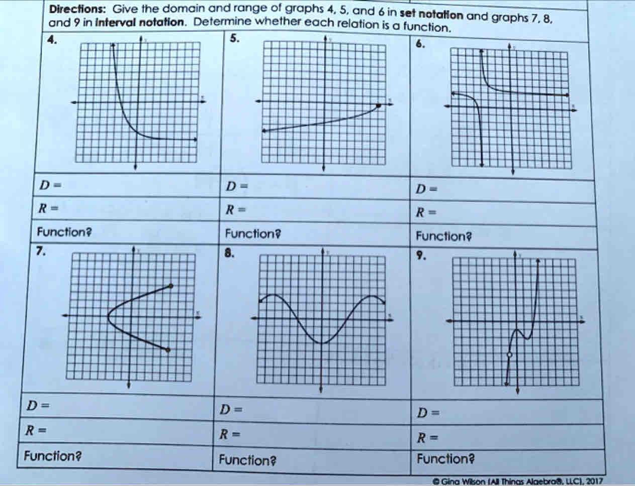 Directions: Give the domain and range of graphs 4, 5, and 6 in set notation and graphs 7, 8, 
and 9 in interval notation. Determine whether each relation is a function. 
6.