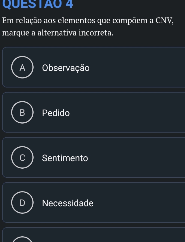 Em relação aos elementos que compõem a CNV,
marque a alternativa incorreta.
Observação
Pedido
Sentimento
Necessidade