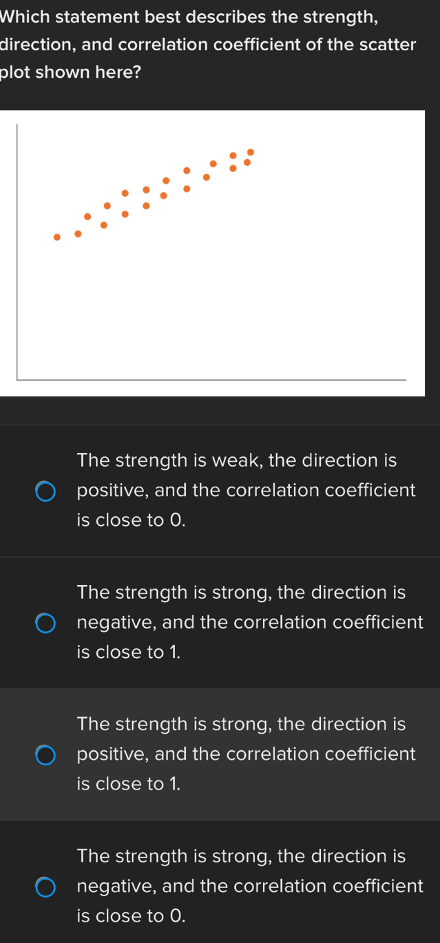 Which statement best describes the strength,
direction, and correlation coefficient of the scatter
plot shown here?
The strength is weak, the direction is
positive, and the correlation coefficient
is close to 0.
The strength is strong, the direction is
negative, and the correlation coefficient
is close to 1.
The strength is strong, the direction is
positive, and the correlation coefficient
is close to 1.
The strength is strong, the direction is
negative, and the correlation coefficient
is close to 0.