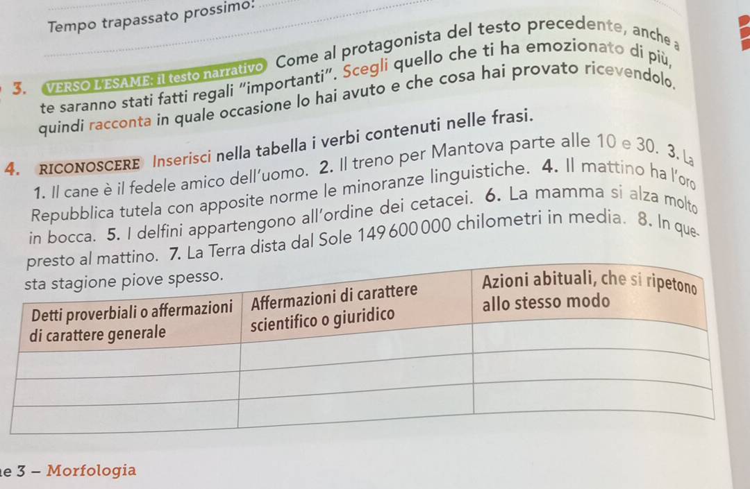 Tempo trapassato prossimo: 
3. VERSO L ESAME: il testo narrativo Come al protagonista del testo precedente, anche a 
te saranno stati fatti regali “importanti”. Scegli quello che ti ha emozionato di più, 
quindi racconta in quale occasione lo hai avuto e che cosa haí provato ricevendolo. 
4. RICONOSCERE Inserisci nella tabella i verbi contenuti nelle frasi. 
1. Il cane è il fedele amico dell'uomo. 2. Il treno per Mantova parte alle 10 e 30. 3. L 
Repubblica tutela con apposite norme le minoranze linguistiche. 4. Il mattino ha l’oro 
in bocca. 5. I delfini appartengono all’ordine dei cetacei. 6. La mamma si alza molto 
7. La Terra dista dal Sole 149600000 chilometri in media. 8. In que 
e 3 - Morfologia