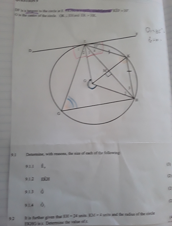 DF in a tungent as the crcfe st B. a     ge 120°=20°
O is the centre of the cirule. OK⊥ EH⊥ EK=RK
9.1 Determane, with reasons, the sime of each of the fullowing:
D□. hat E_x (3)
1.12 Edot KH
(2)
9 _  3 hat G
(2
(2
q:1 dot o,
9.2 It is further given that EH=24 as KM=4 units and the radius of the circle
EKFG in x. Determine the value of x