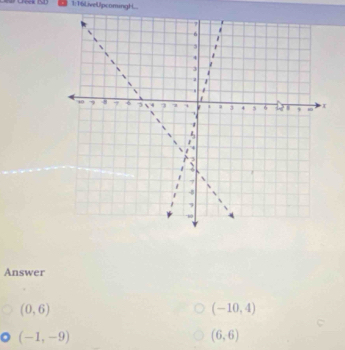 1:16LiveUpcomingH.. 
Answer
(0,6)
(-10,4)
(-1,-9)
(6,6)