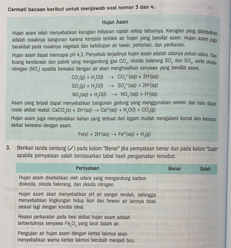 Cermati bacaan berikut untuk menjawab soal nomor 3 dan 4.
Hujan Asam
Hujan asam telah menyebabkan kerugian milyaran rupiah setiap tahunnya. Kerugian yang ditimbulkan
adalah rusaknya bangunan karena keropos terkikis air hujan yang bersifat asam. Hujan asam juga
berakibat pada rusaknya vegetasi dan kehidupan air tawar, pertanian, dan perikanan.
Hujan asam dapat mencapai pH 4,3. Penyebab terjadinya hujan asam adalah adanya polusi udara. Gas
buang kendaraan dan pabrik yang mengandung gas CO_2, oksida belerang SO_2 dan SO_2, serta oksida
nitrogen (NO_) apabila bereaksi dengan air akan menghasilkan senyawa yang bersifat asam.
CO_2(g)+H_2O(l)to CO_3^((2-)(aq)+2H^+)(aq)
SO_3(g)+H_2O(l)to SO_4^((2-)(aq)+2H^+)(aq)
NO_2(aq)+H_2O(l)to NO_3^(-(aq)+H^+)(aq)
Asam yang terjadi dapat menyebabkan bangunan gedung yang menggunakan semen dan batu dapat
rusak akibat reaksi: CaCO_3(s)+2H^+(aq)to Ca^(2+)(aq)+H_2O(l)+CO_2(g)
Hujan asam juga menyebabkan bahan yang terbuat dari logam mudah mengalami korosi dan keropos
akibat bereaksi dengan asam.
Fe(s)+2H^+(aq)to Fe^(2+)(aq)+H_2(g)
3. Berikan tanda centang (✓) pada kolom ”Benar” jika pernyataan benar dan pada kolom “Salah”
apabila pernyataan salah berdasarkan tabel hasil pengamatan tersebut.