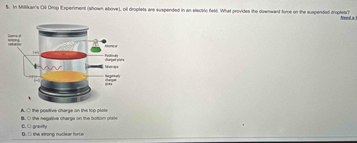 In Millikan's Oil Drop Experiment (shown above), oil droplets are suspended in an electric field. What provides the downward force on the suspended droplets?
Need a
A. ○ the positive charge on the top plate
B. ○ the negative charge on the bottom plate
C. ○ gravity
D. ○ the strong nuclear force