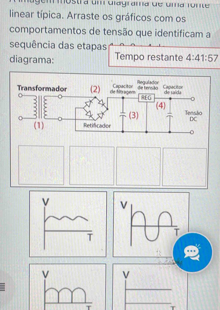 gem mostra um diagrama de uma fonte 
linear típica. Arraste os gráficos com os 
comportamentos de tensão que identificam a 
sequência das etapas 
Tempo restante 
diagrama: 4:41:57
V 
T 
: