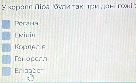 У κΚοрίοδляααлίра Νбуίлίиηατаκίαδτрίиιαдоοнίіίαгожі":
Peгана
Eмілія
Корделія
Гонореллі
Eлізабет