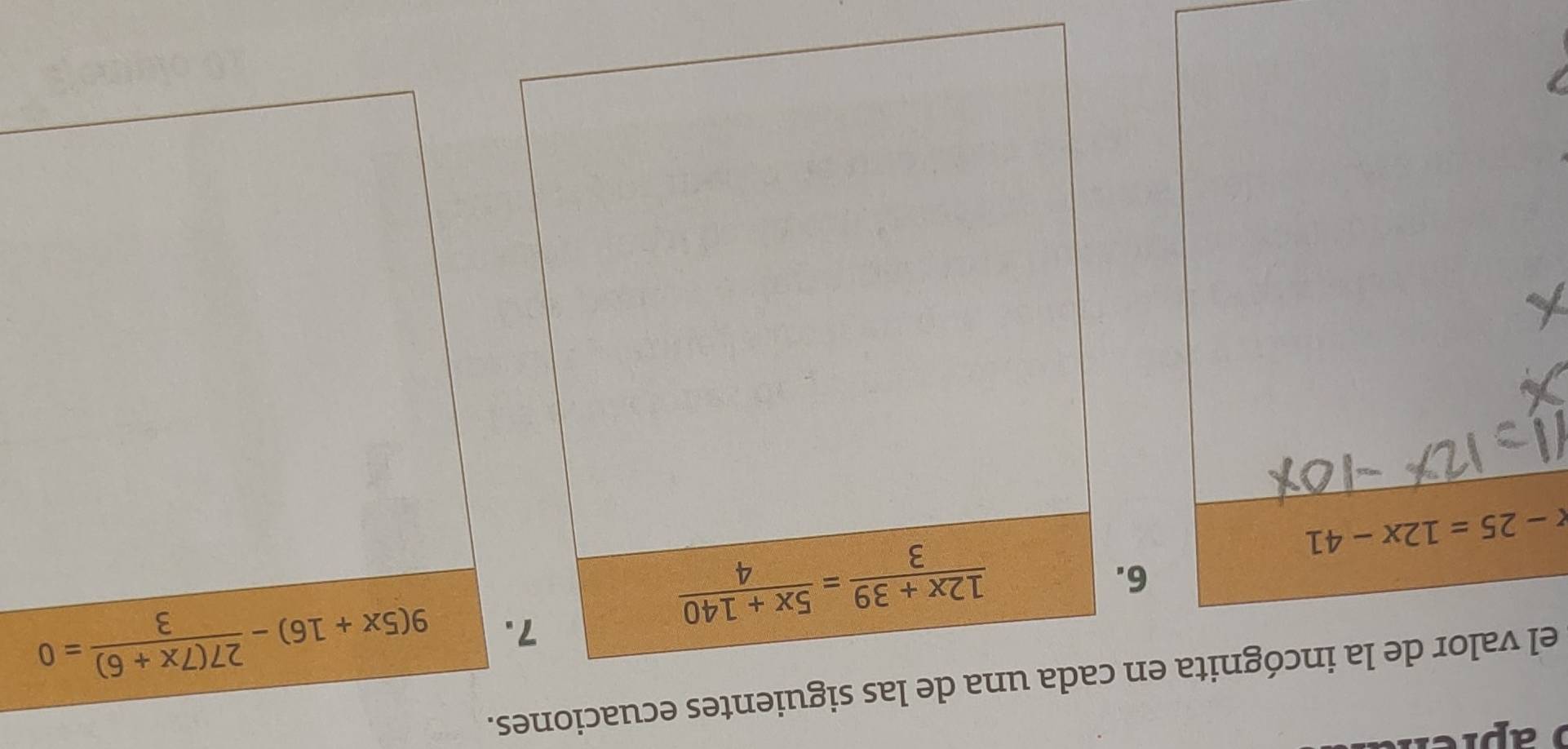 el valor de la incógnita en de las siguientes ecuaciones.
9(5x+16)- (27(7x+6))/3 =0