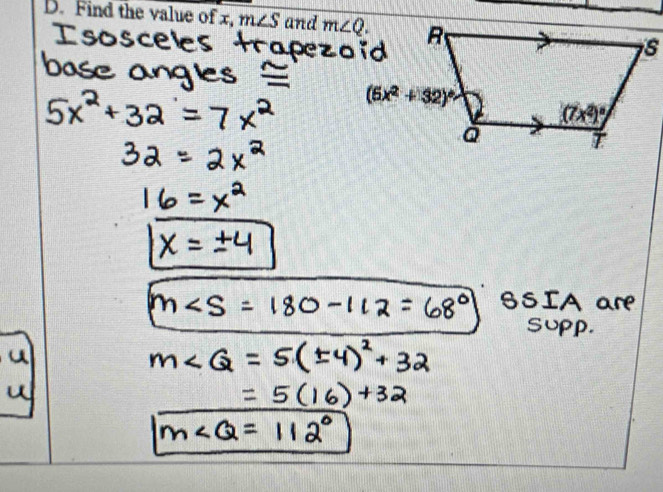 Find the value of x, m∠ S and m∠ Q.