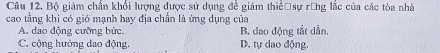 Bộ giảm chấn khổi lượng được sử dụng đề giám thiể sự răng lắc của các tòa nhà
cao tầng khi có gió mạnh hay địa chấn là ứng dụng của
A. dao động cưỡng bức. B. dao động tắt dẫn,
C. cộng hưởng dao động. D. tự dao động.