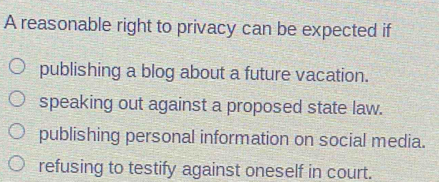 A reasonable right to privacy can be expected if
publishing a blog about a future vacation.
speaking out against a proposed state law.
publishing personal information on social media.
refusing to testify against oneself in court.