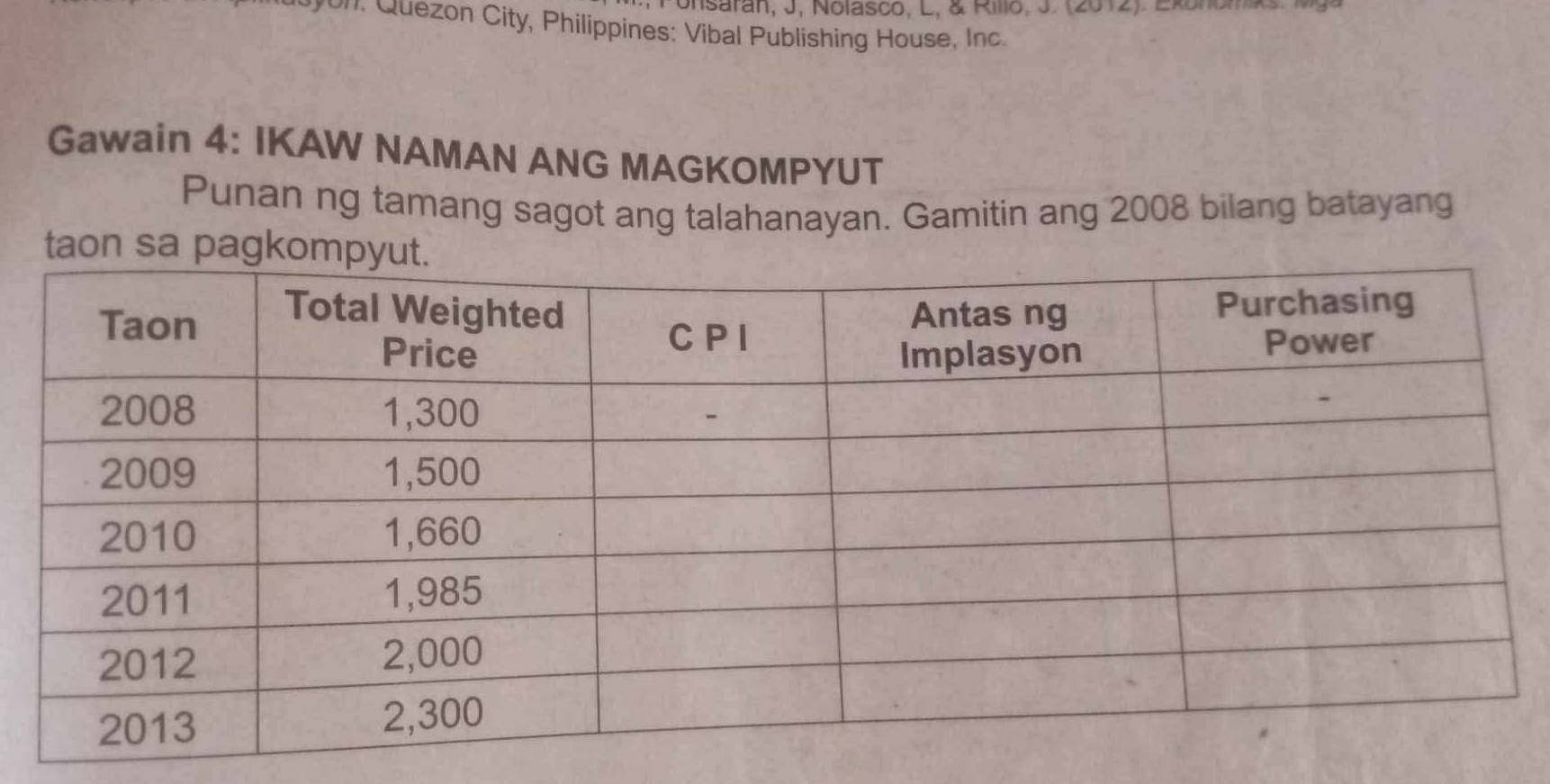 Ponsaran, J, Nolasco, L, & Rillo, J. (2012). Exonomk 
y01). Quezon City, Philippines: Vibal Publishing House, Inc. 
Gawain 4: IKAW NAMAN ANG MAGKOMPYUT 
Punan ng tamang sagot ang talahanayan. Gamitin ang 2008 bilang batayang 
taon sa p