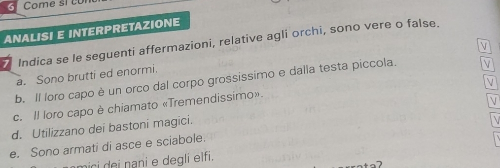 Come si c o 
ANALISI E INTERPRETAZIONE 
Indica se le seguenti affermazioni, relative agli orchi, sono vere o false. 
V 
a. Sono brutti ed enormi. 
b. Il loro capo è un orco dal corpo grossissimo e dalla testa piccola. 
V 
V 
c. Il loro capo è chiamato «Tremendissimo». 
V 
d. Utilizzano dei bastoni magici. 
 
e. Sono armati di asce e sciabole. 
mici dei nani e degli elfi. 
¬2