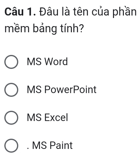 Đâu là tên của phần
mềm bảng tính?
MS Word
MS PowerPoint
MS Excel. MS Paint