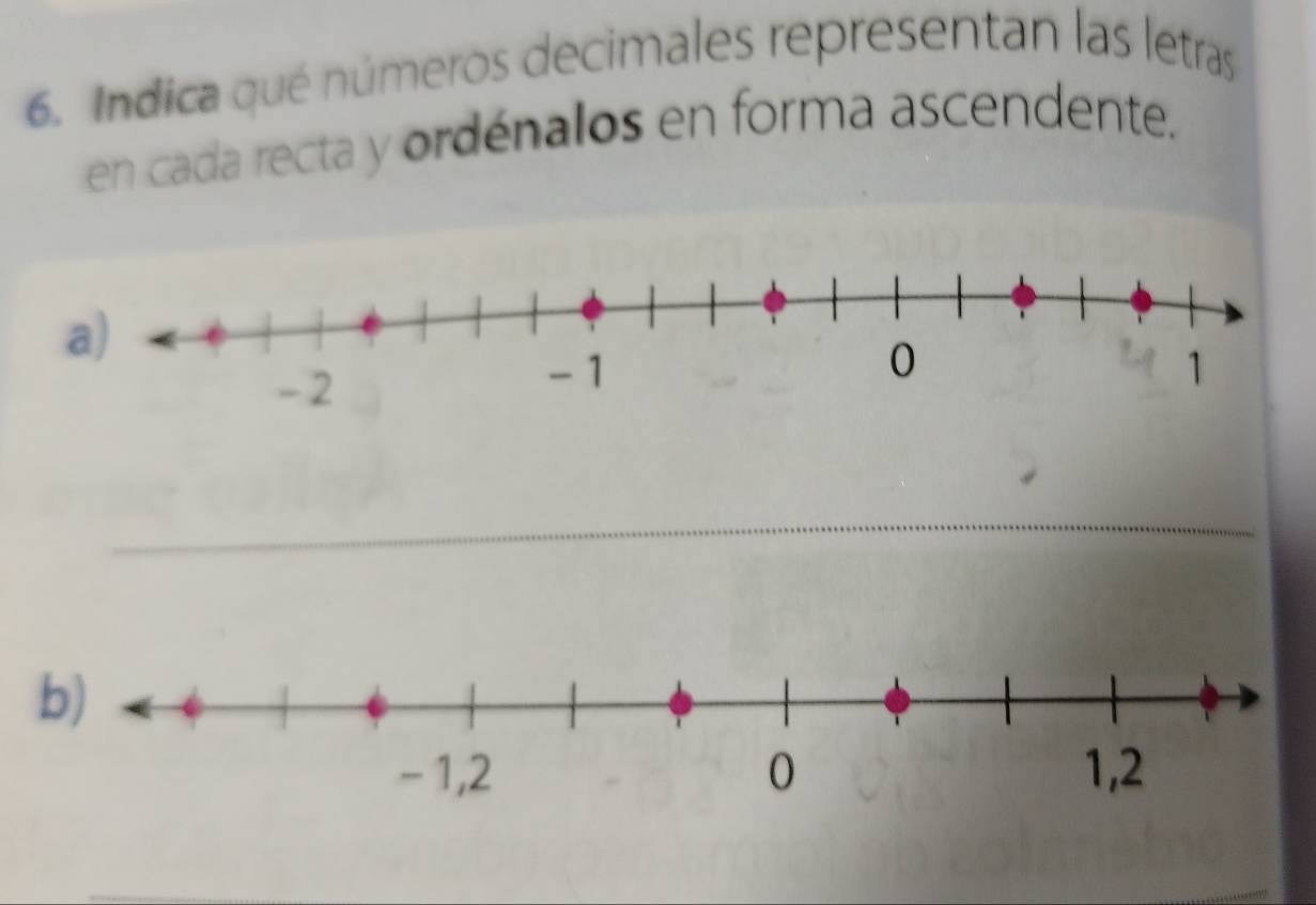 Indica qué números decimales representan las letras 
en cada recta y ordénalos en forma ascendente. 
_ 
b)