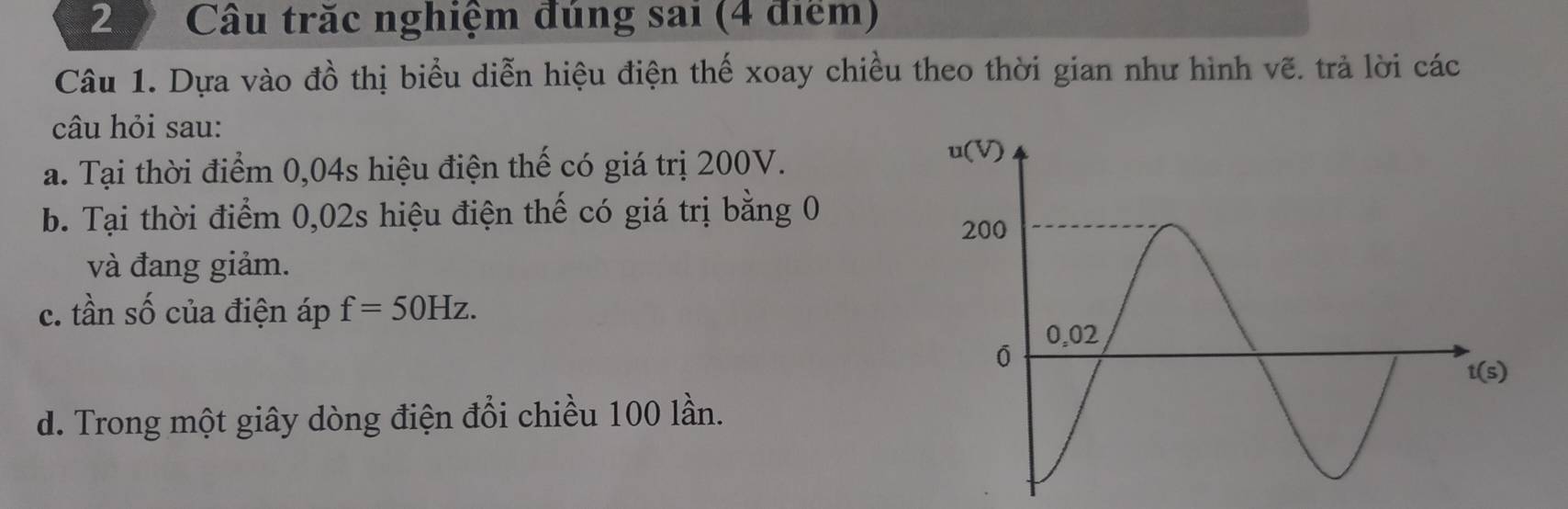 Câu trăc nghiệm đúng sai (4 điểm)
Câu 1. Dựa vào đồ thị biểu diễn hiệu điện thế xoay chiều theo thời gian như hình vẽ. trả lời các
câu hỏi sau:
a. Tại thời điểm 0,04s hiệu điện thế có giá trị 200V.
b. Tại thời điểm 0,02s hiệu điện thế có giá trị bằng 0
và đang giảm.
c. tần số của điện áp f=50Hz.
d. Trong một giây dòng điện đổi chiều 100 lần.