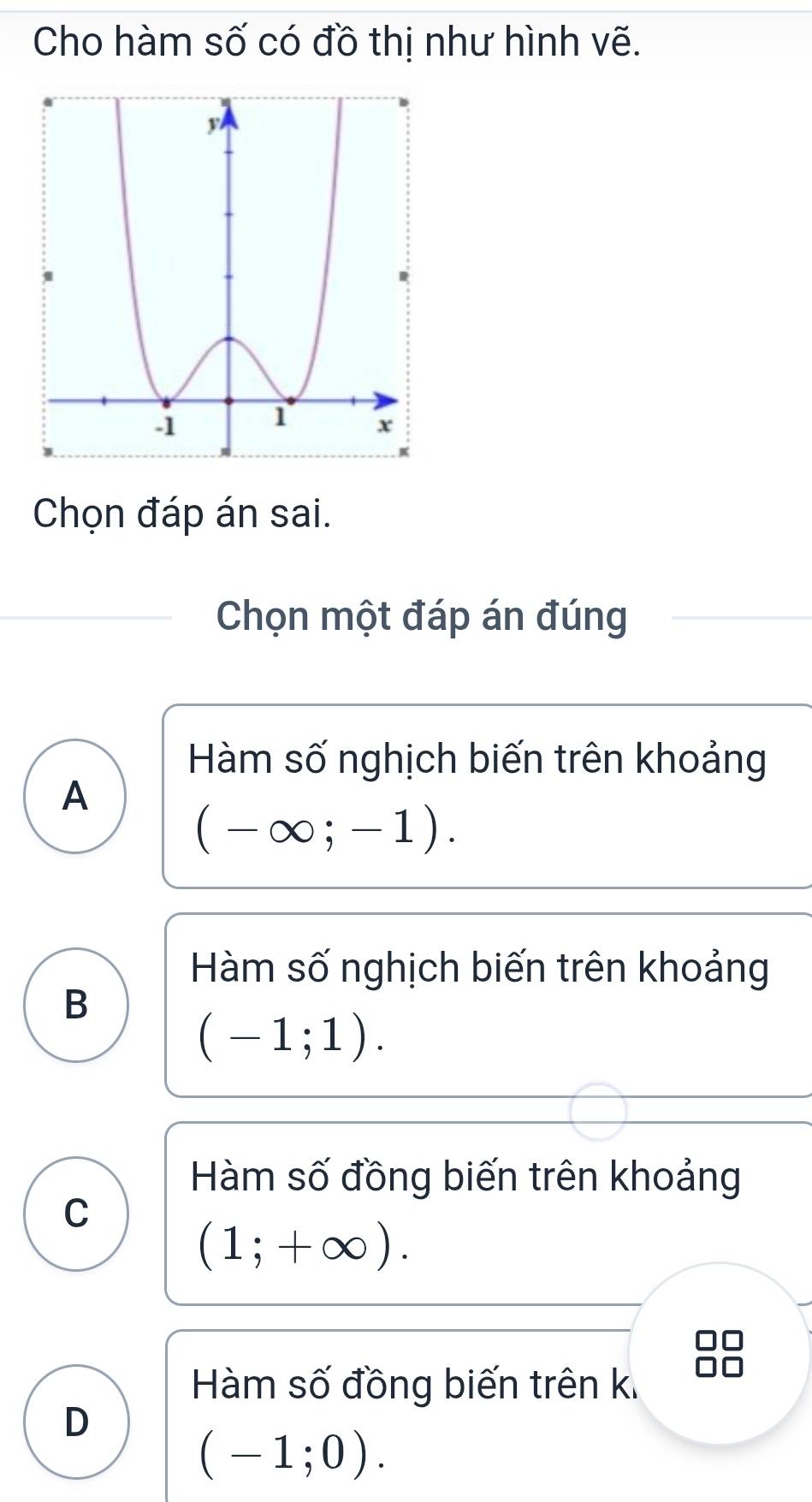 Cho hàm số có đồ thị như hình vẽ.
Chọn đáp án sai.
Chọn một đáp án đúng
Hàm số nghịch biến trên khoảng
A
(-∈fty ;-1).
Hàm số nghịch biến trên khoảng
B
(-1;1).
Hàm số đồng biến trên khoảng
C
(1;+∈fty ).
Hàm số đồng biến trên k
D
(-1;0).